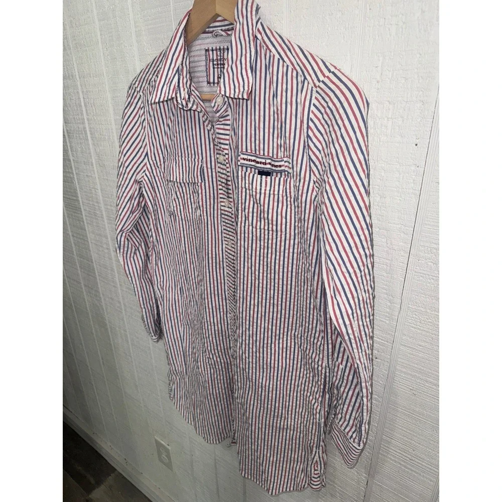 Vineyard Vines Performance Shirt Dress Women 4 Red White Blue Striped Seersucker